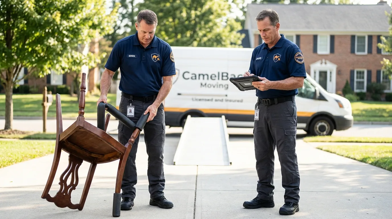 Movers inspecting furniture for damage prevention before loading in Scandia, MN