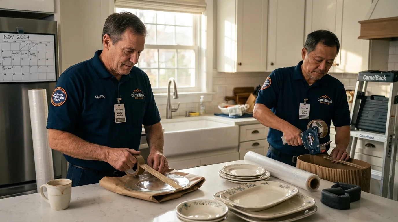 Professional crew packing kitchen dishware in Scandia, MN